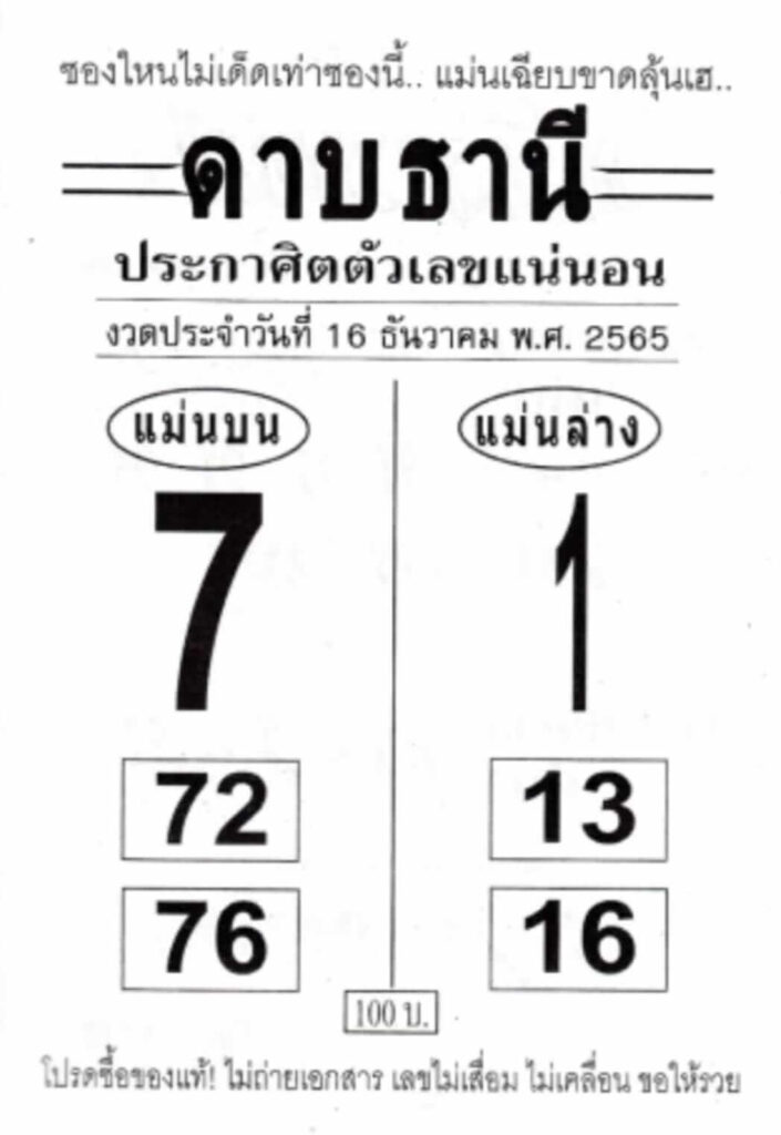 หวยเด็ด หวยดาบธานี 16-12-65