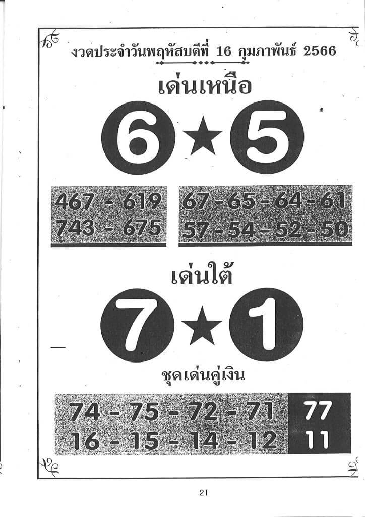 หวยเด่นเหนือใต้ 16-2-66